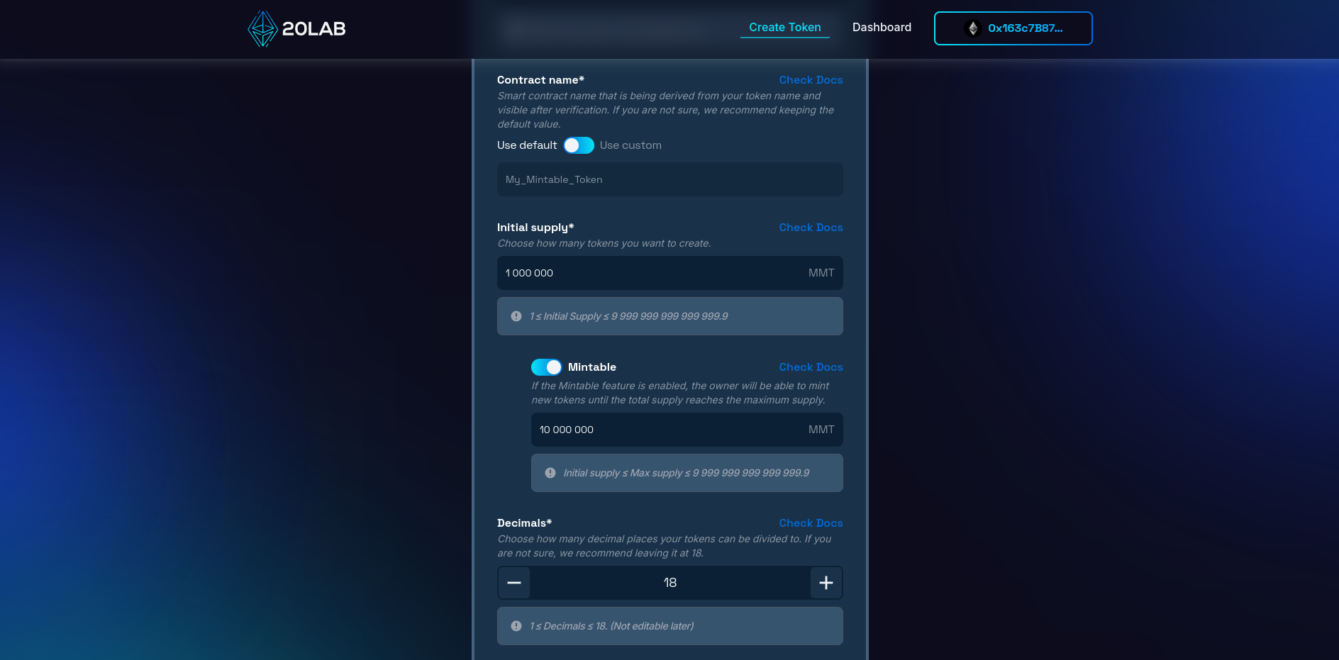 Enabling Mintable option and choosing 10M tokens as max supply