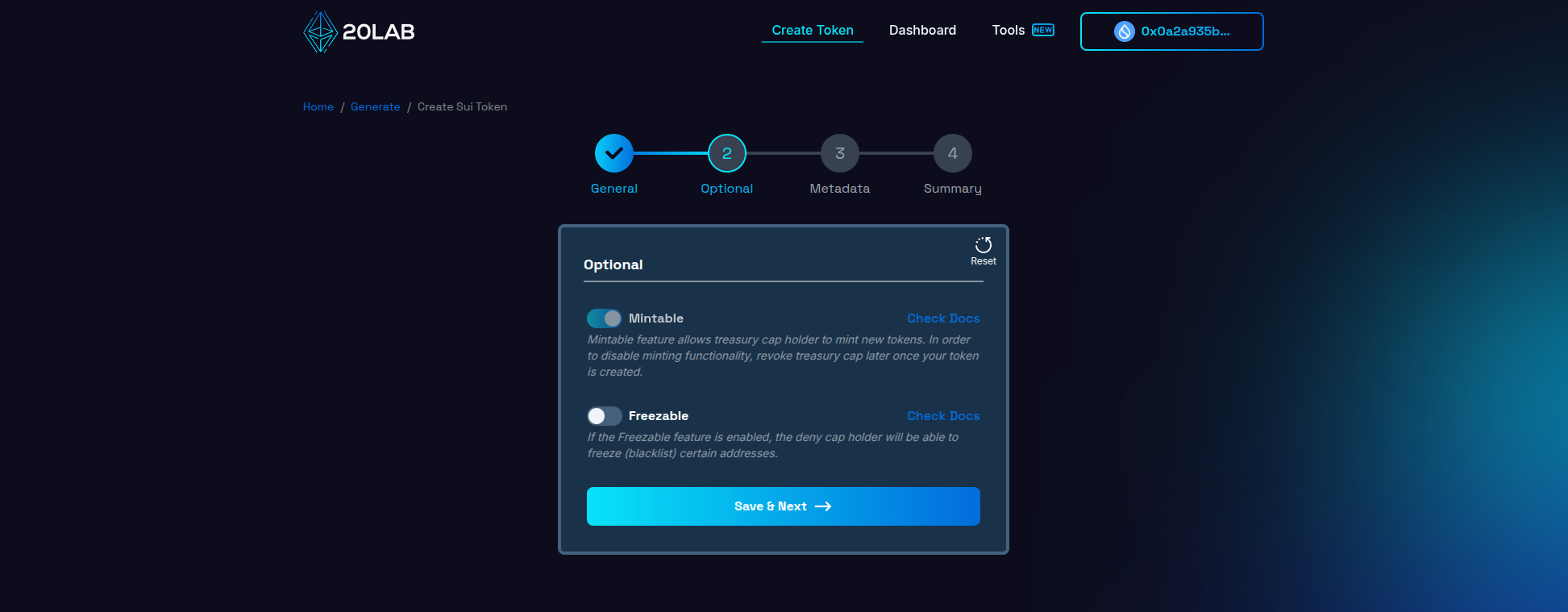 Selecting optional features for Sui token