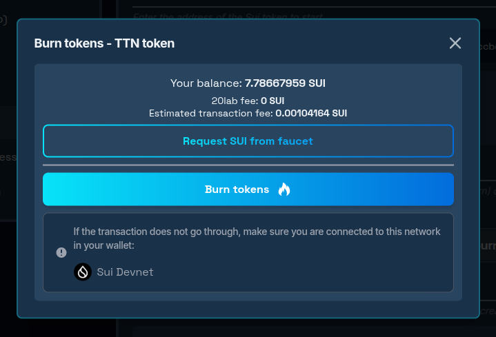 Sui burn tokens tool confirmation modal
