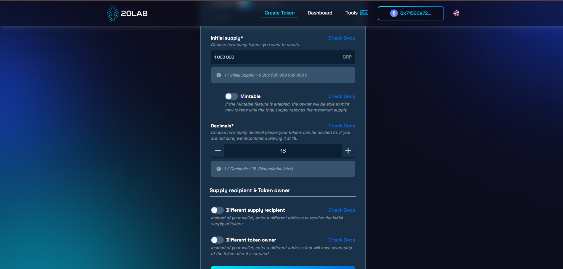 Interface for creating tokens on platform, showing options to set decimals, initial supply, supply recipient and token owner.
