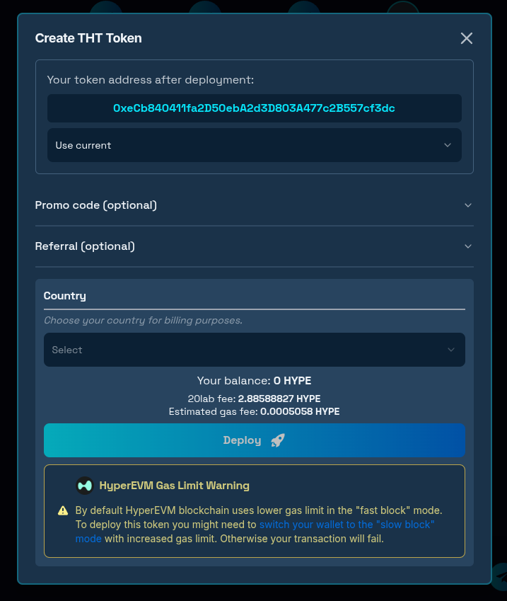 Deployment modal showing final token address