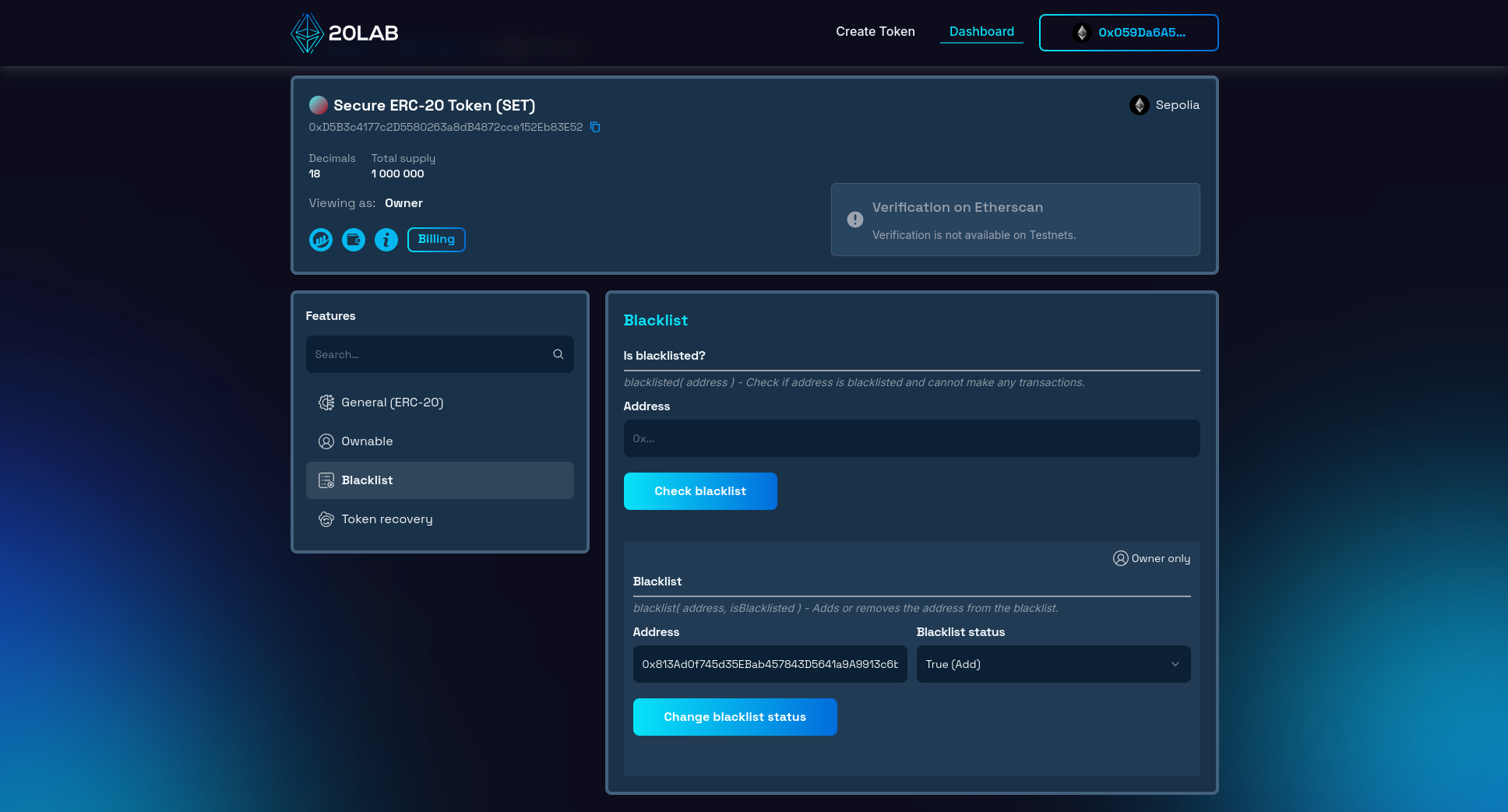 Adding address to the blacklist of ERC-20 token