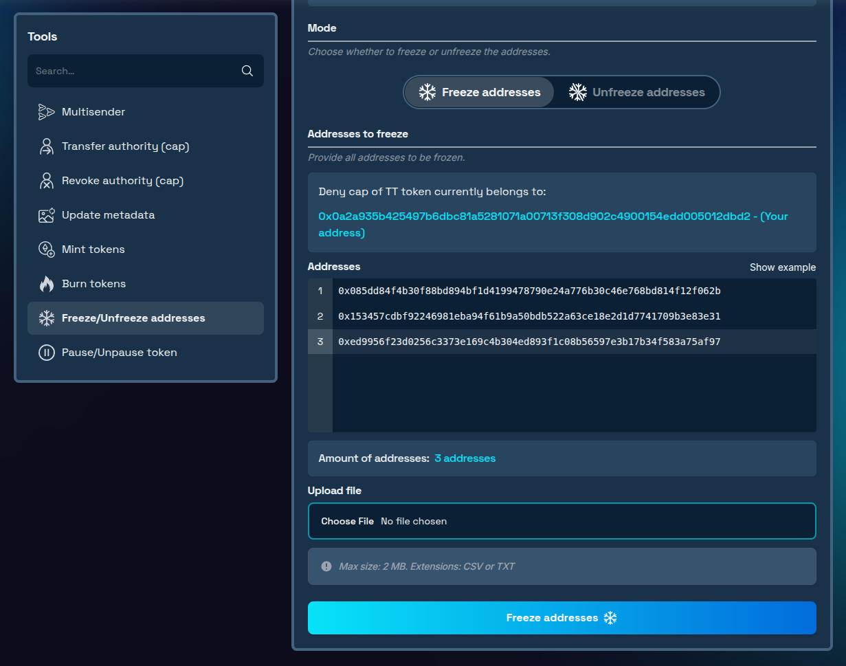 Addresses to freeze added