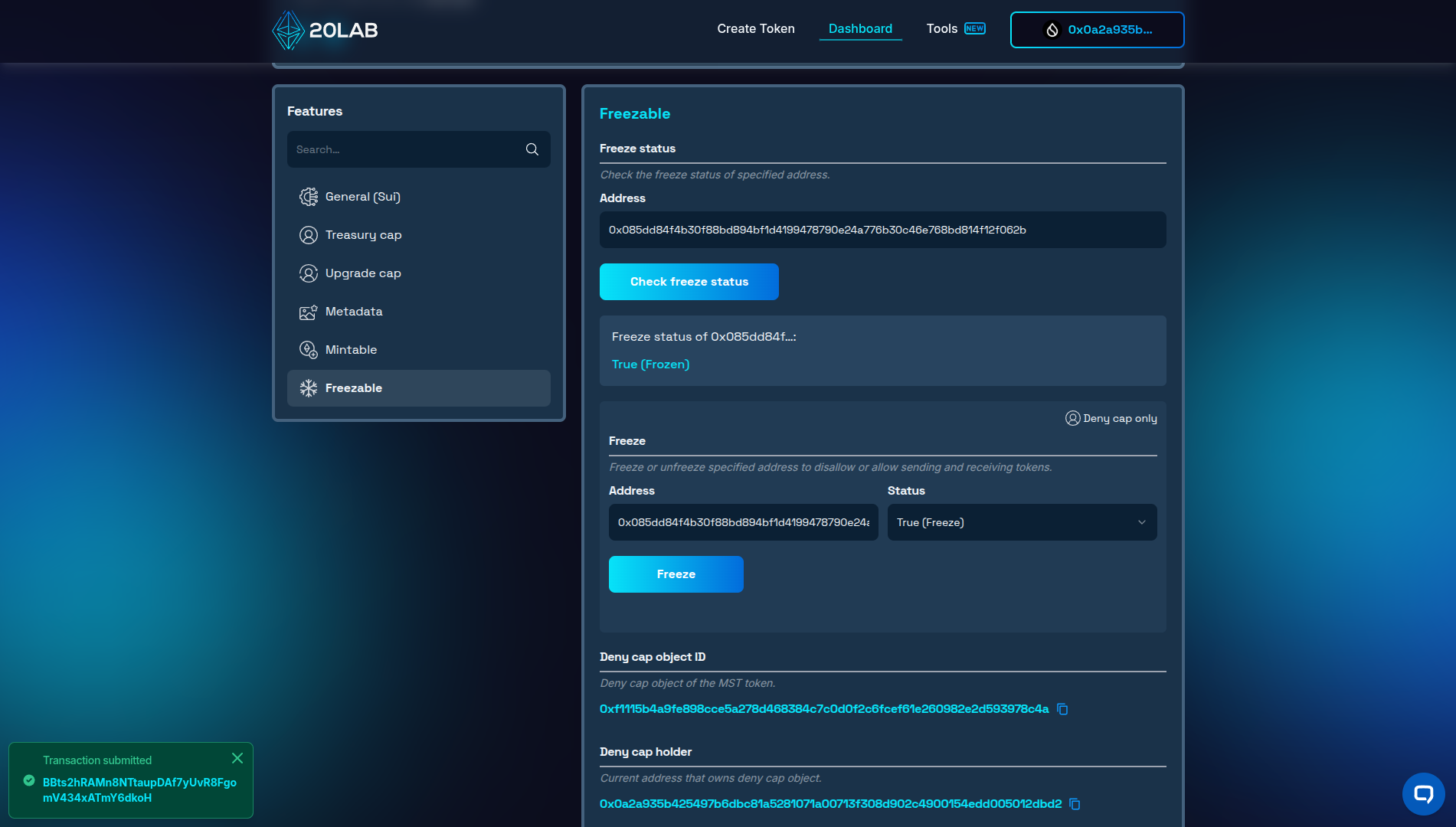 Freeze transaction confirmation and specified address being frozen