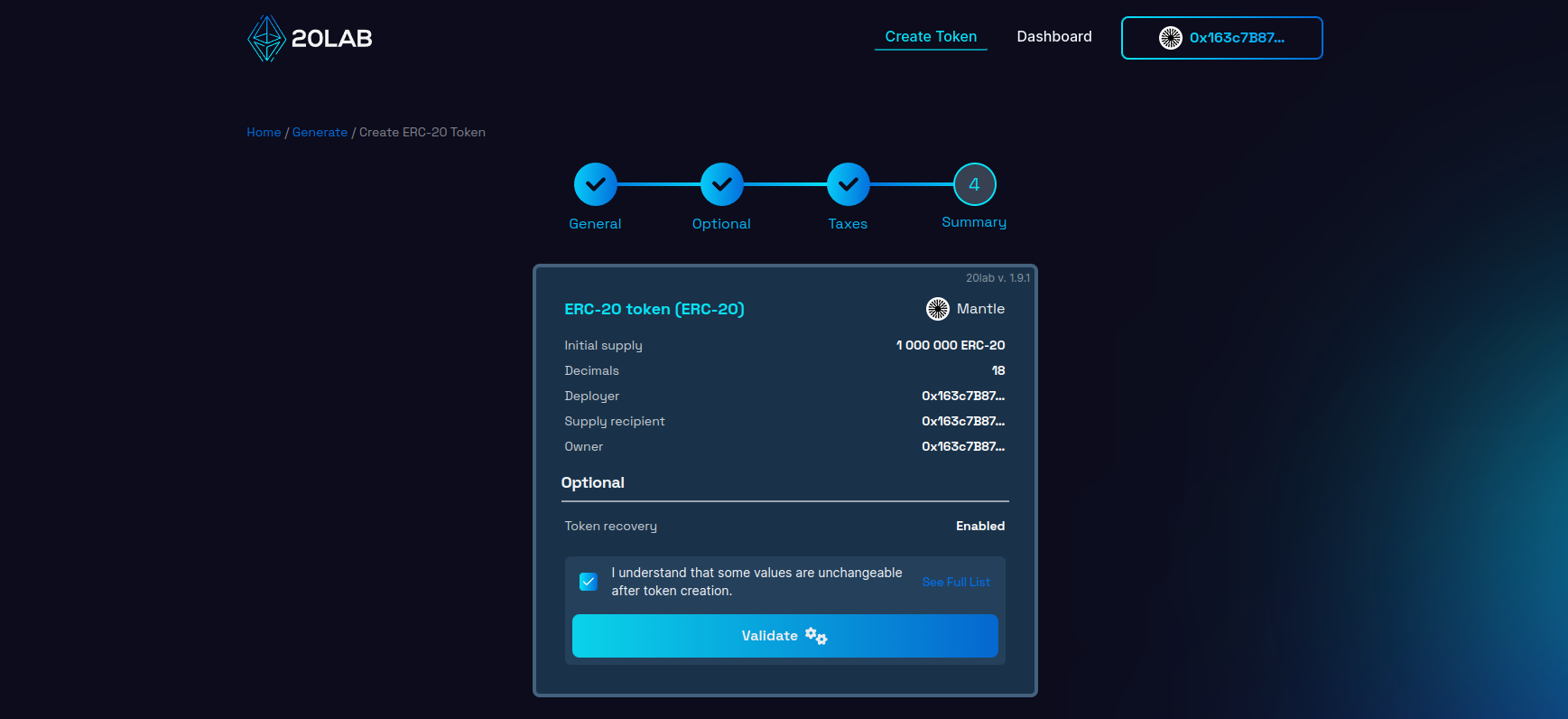 Summary page with all selected features and provided values