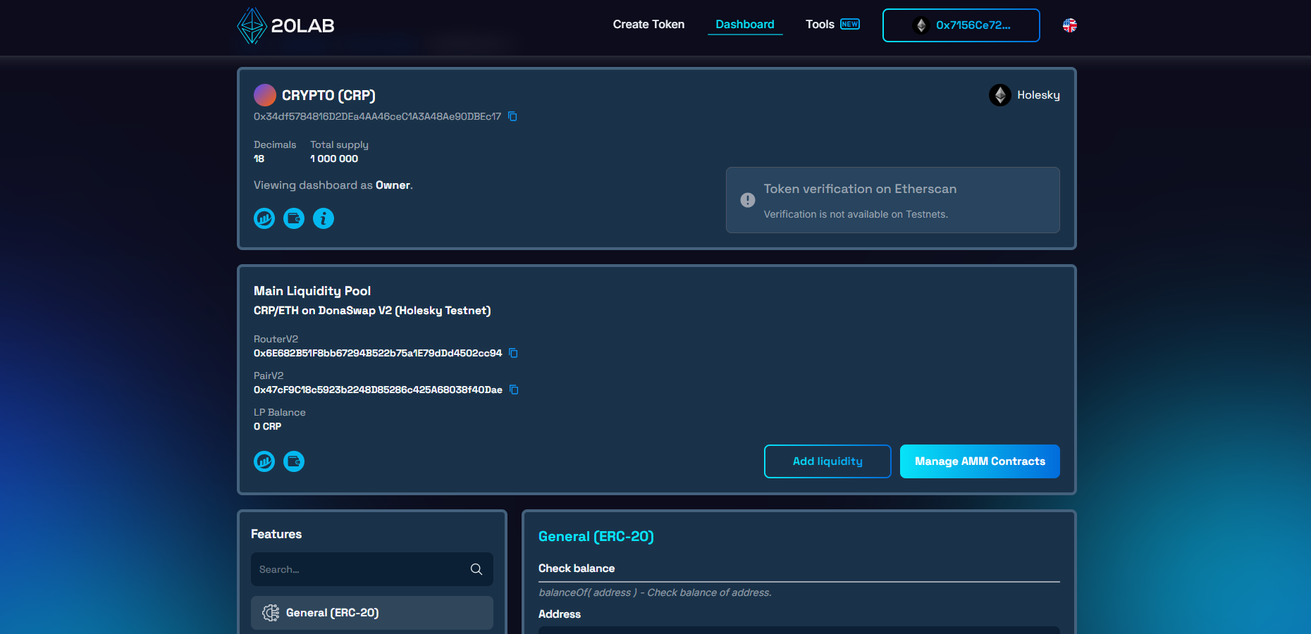 Dashboard with information about the token, adding liquidity, and sections related to token moderation.