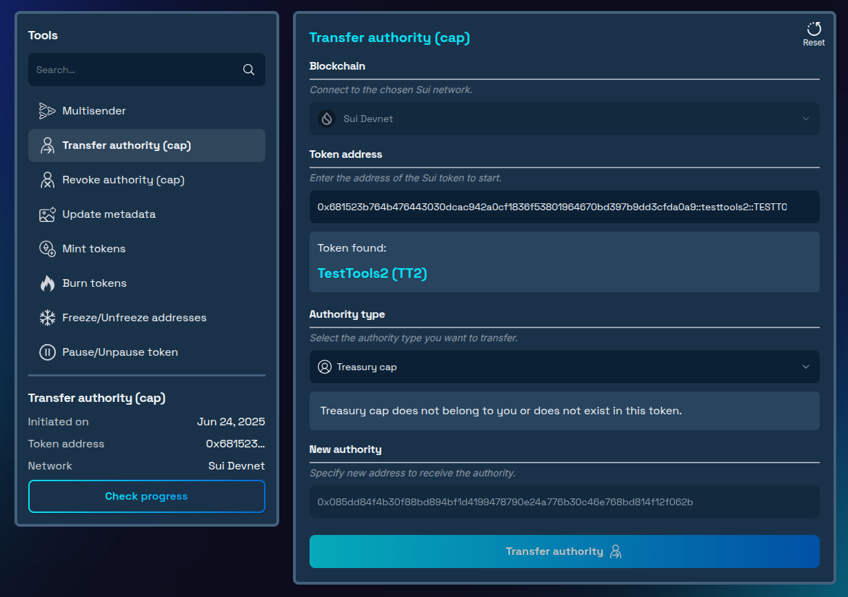 Treasury Cap successfully transferred and interface updated