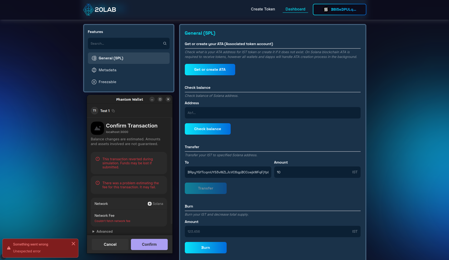 Attempt to send tokens to frozen address, view on dashboard and wallet confirmation window