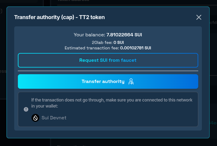 Transfer authority confirmation modal window