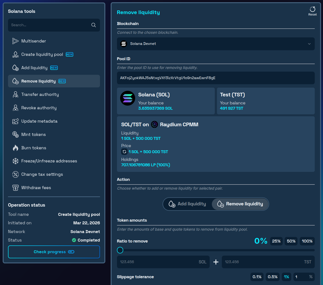 Solana remove liquidity tool interface