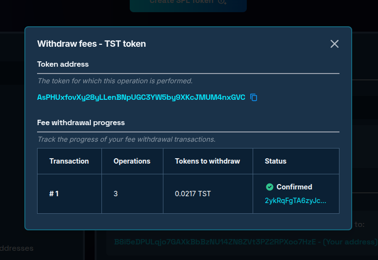 Transaction tracking interface for fee withdrawal operations