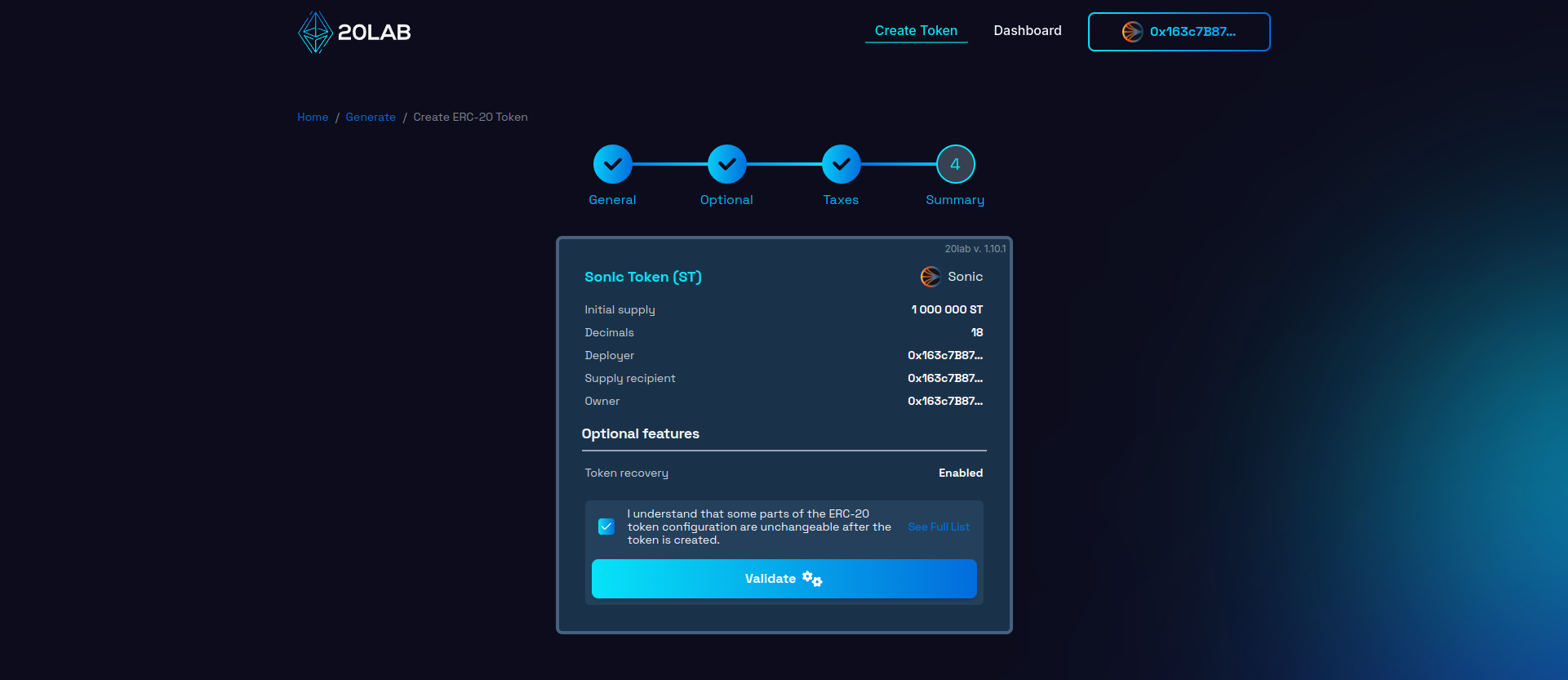 Summary page with all selected features and provided values