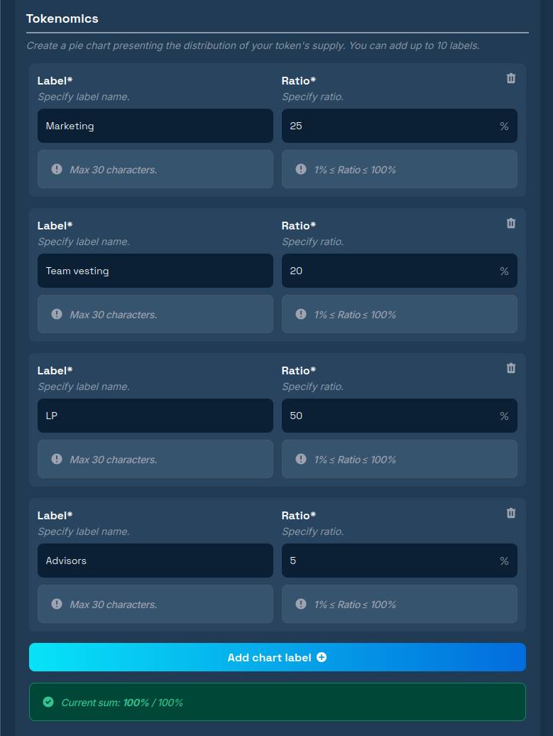 The tokenomics section in the token page creation form.