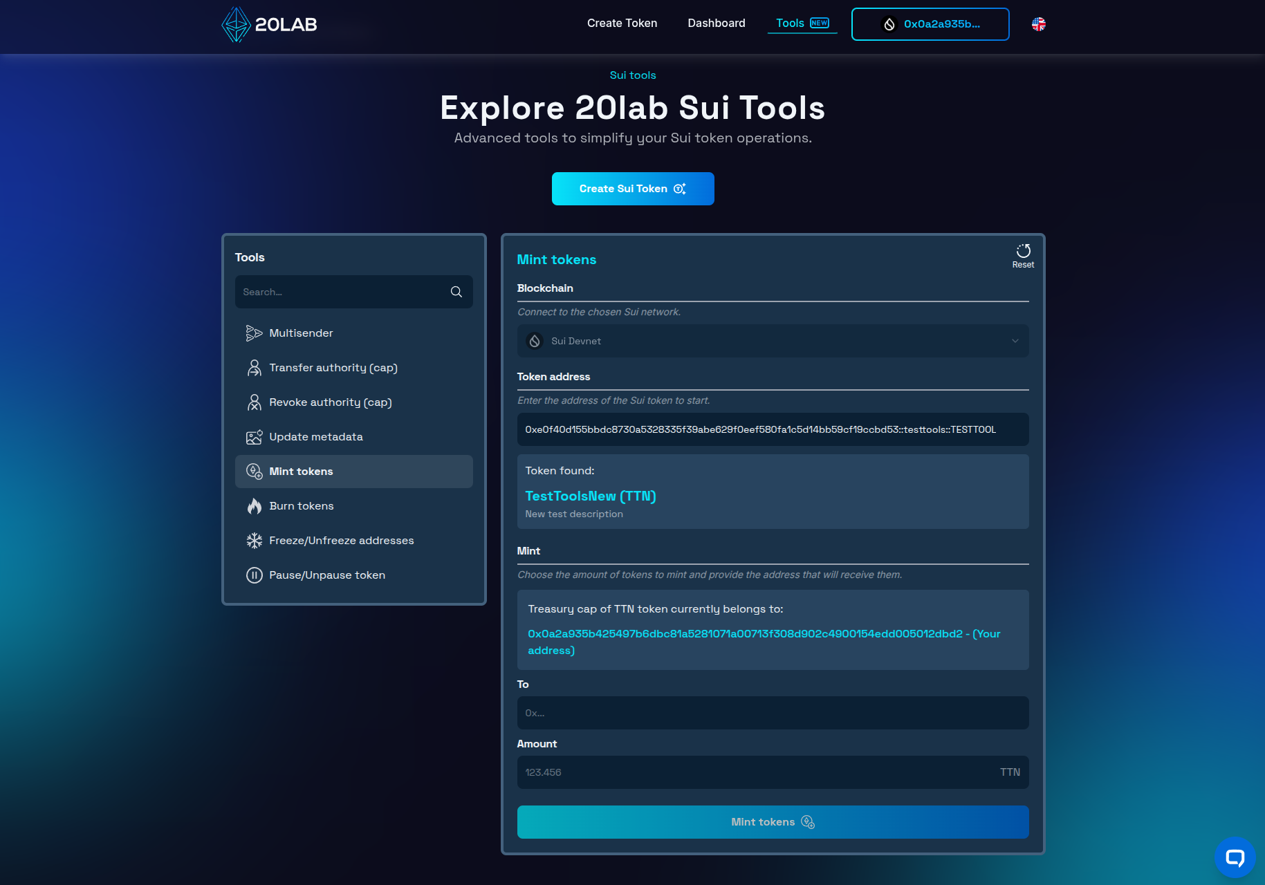 Sui mint tokens tool interface after adding token address