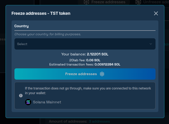 Freeze addresses tool confirmation modal
