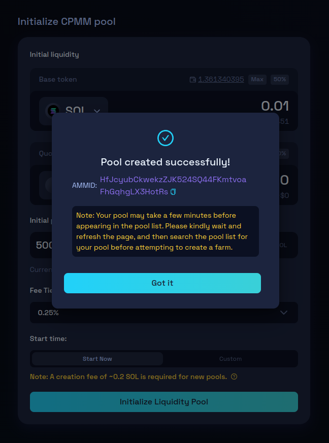 Liquidity pool created on Raydium