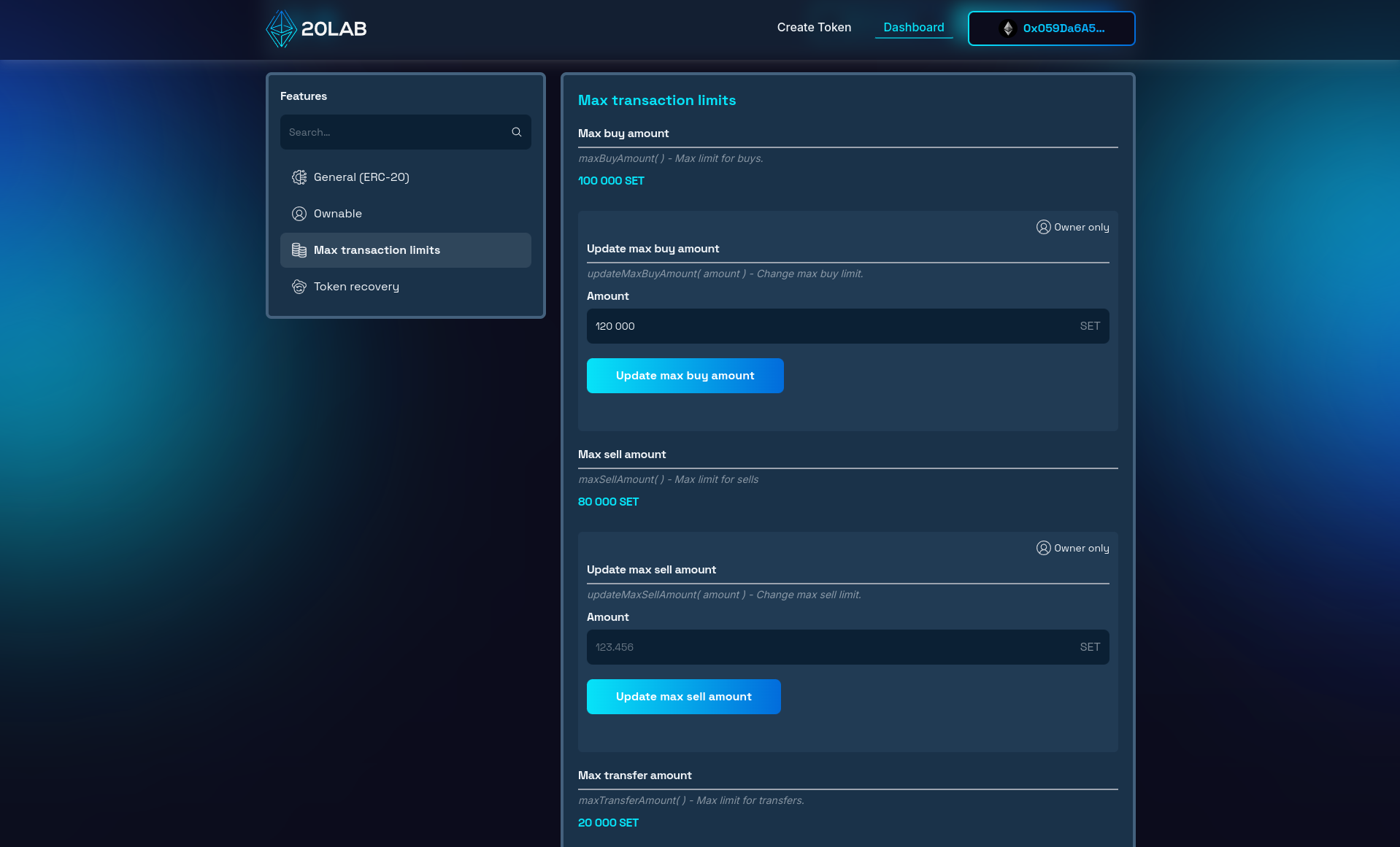 Max transaction limits section of dashboard