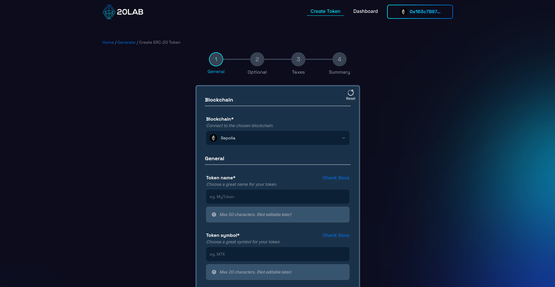 Wallet successfully connected to 20lab platform