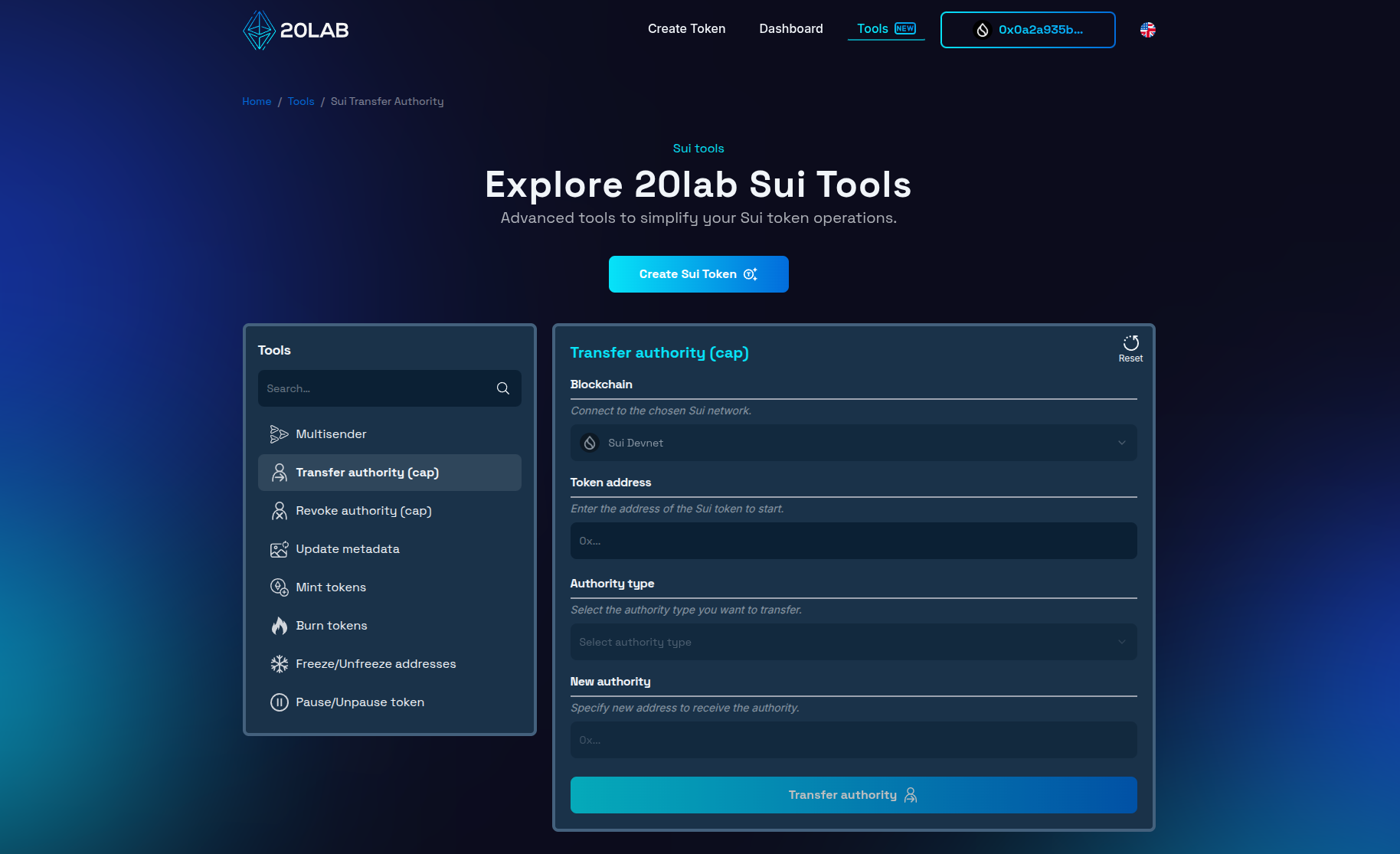 Wallet connected on Sui transfer authority tool interface