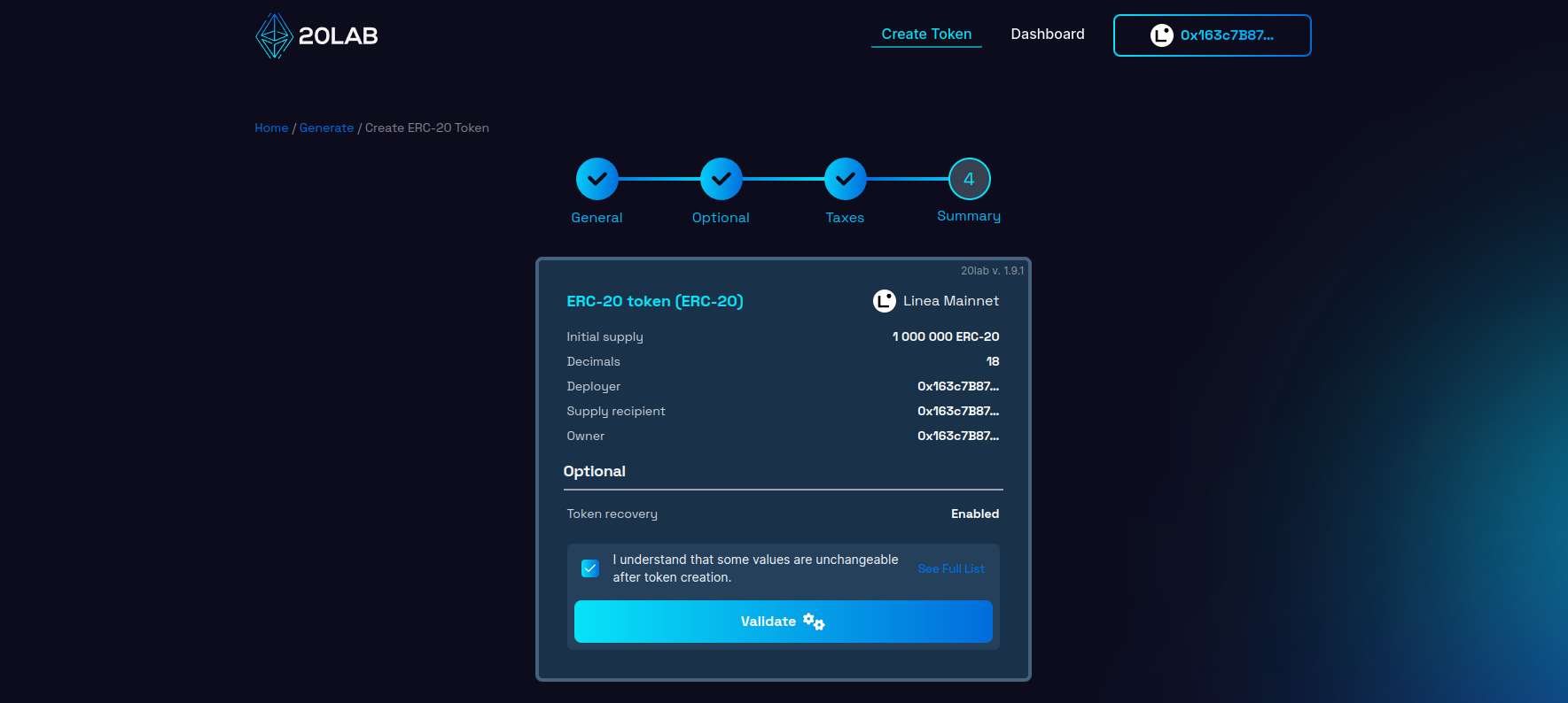 Summary page with all selected features and provided values