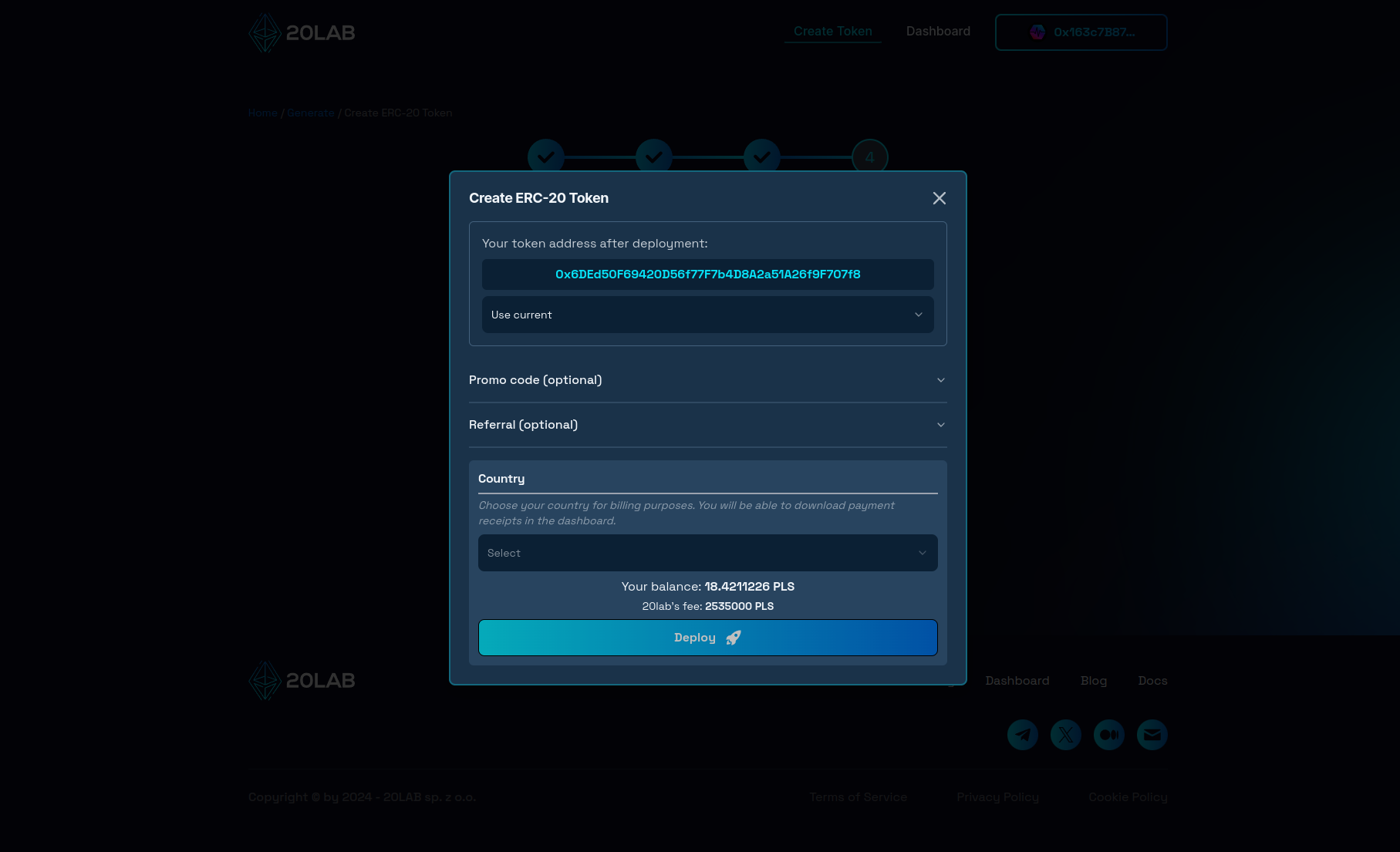Deployment modal showing final token address
