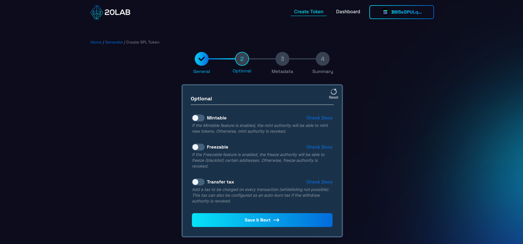 Selecting optional features for Solana token