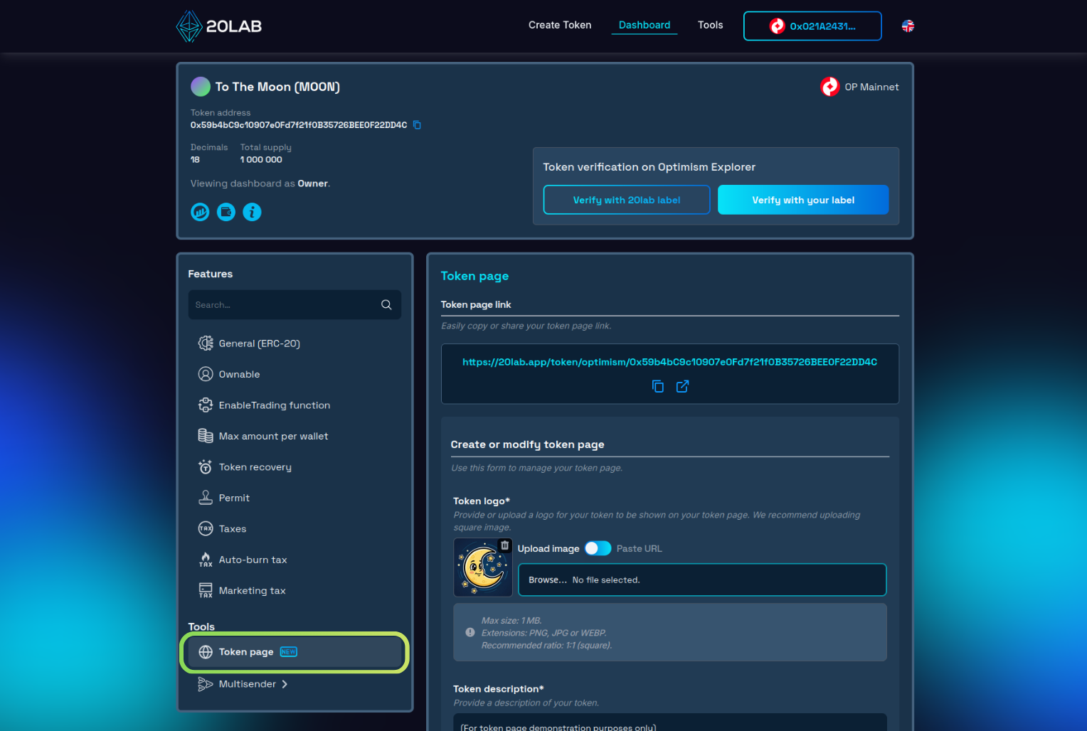 Token panel with the token page tool selected.