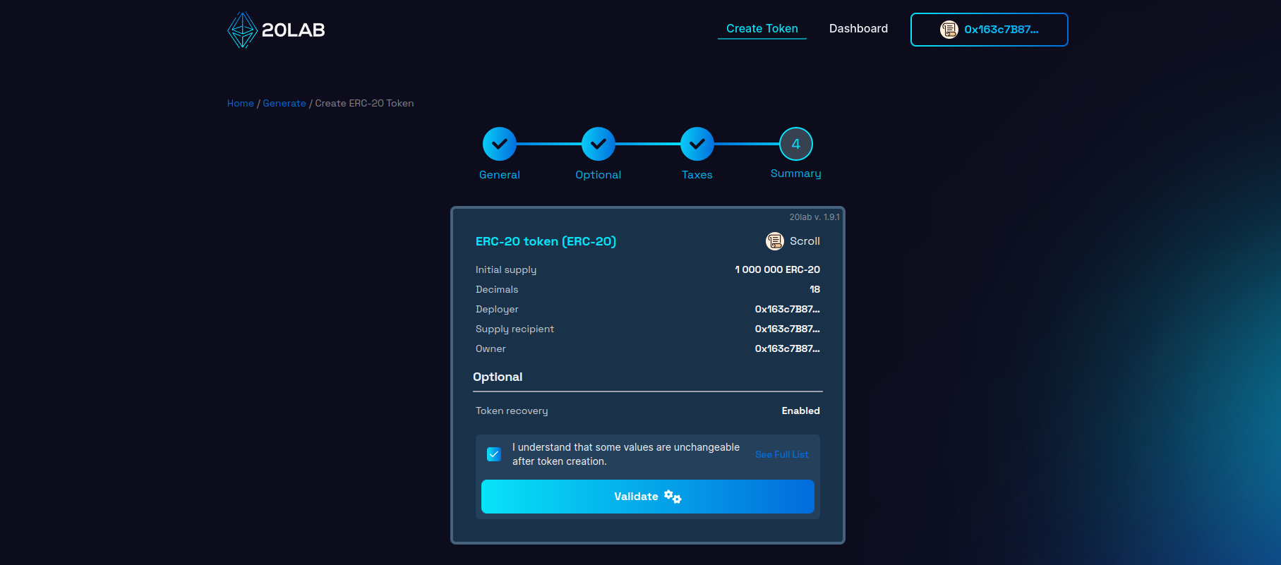 Summary page with all selected features and provided values
