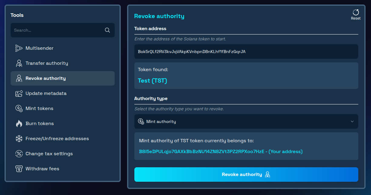 Token selected with mint authority option