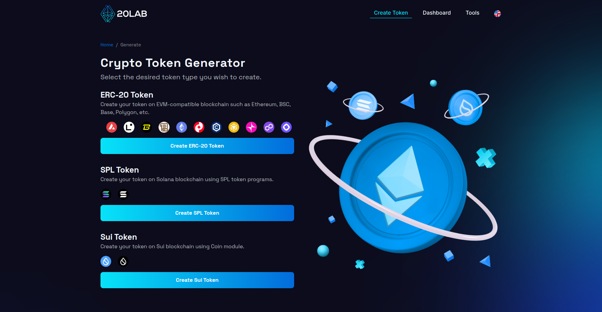 Token generator entry page showing 3 token types possible to be created: ERC-20, Solana and Sui