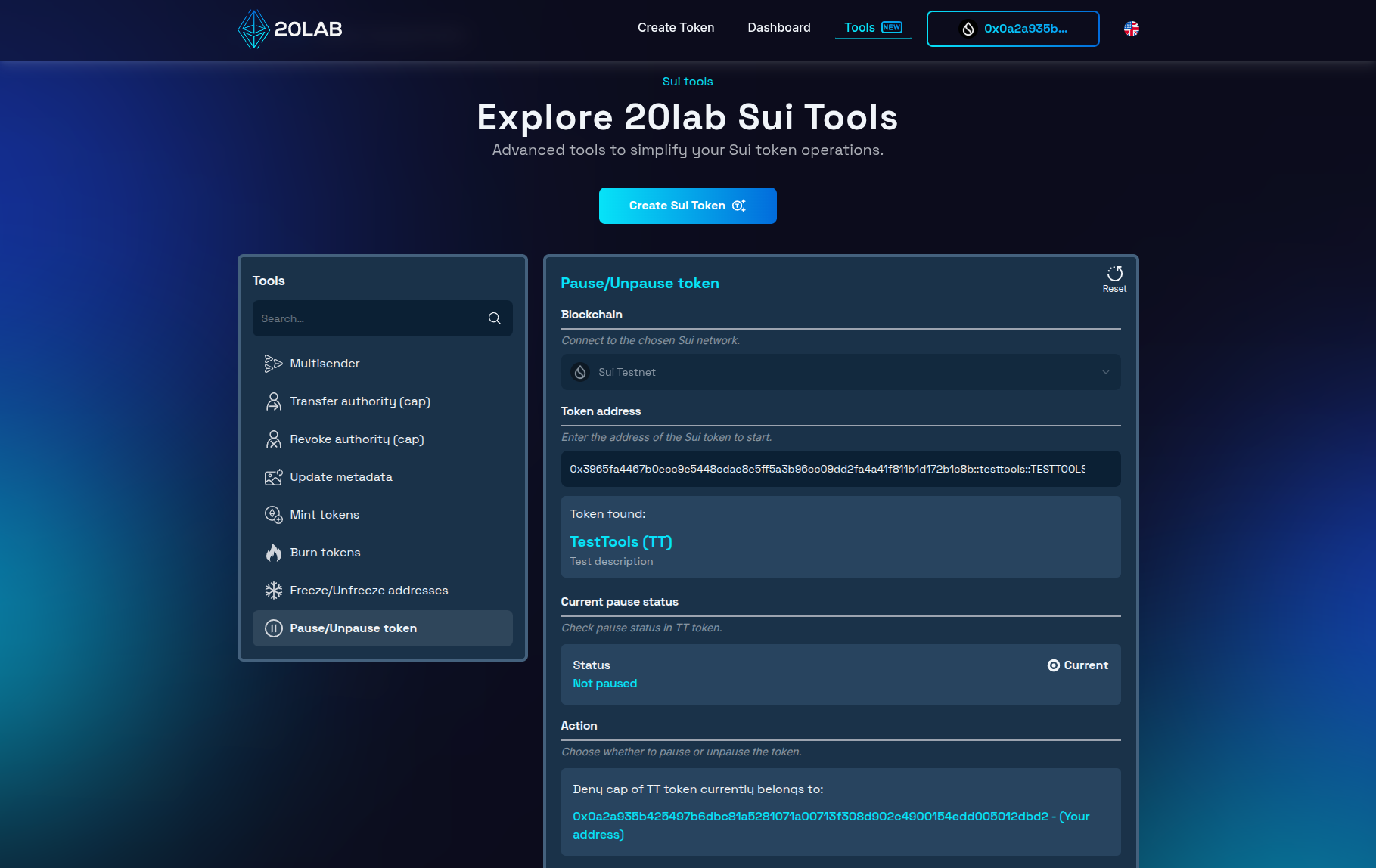 Token address added on Sui pause tool interface with status display