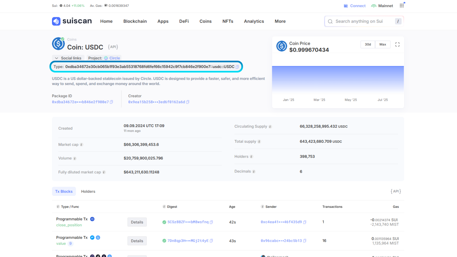USDC token page on Suiscan with the token address highlighted.