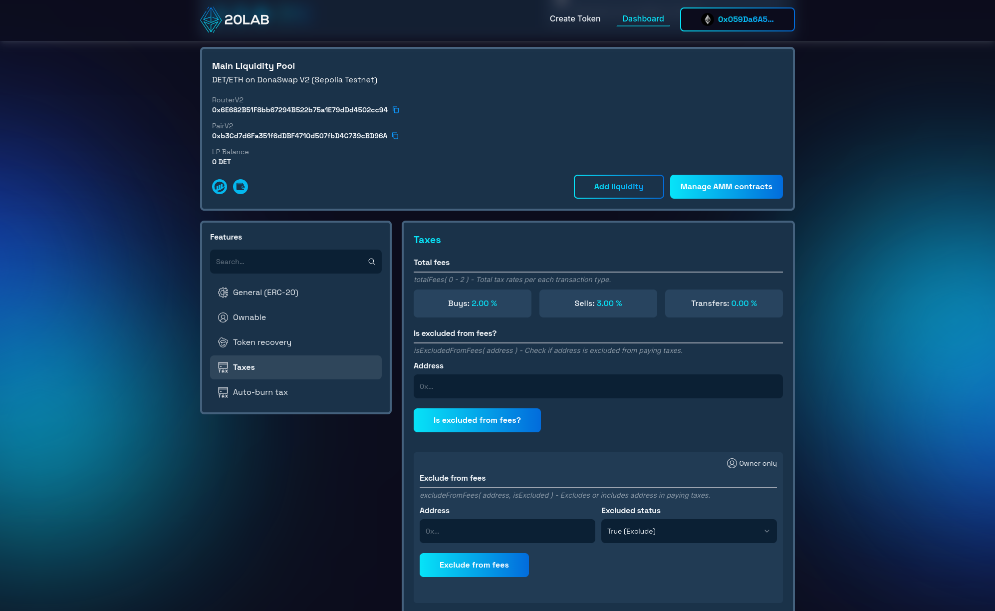 General taxes section of dashboard for common settings