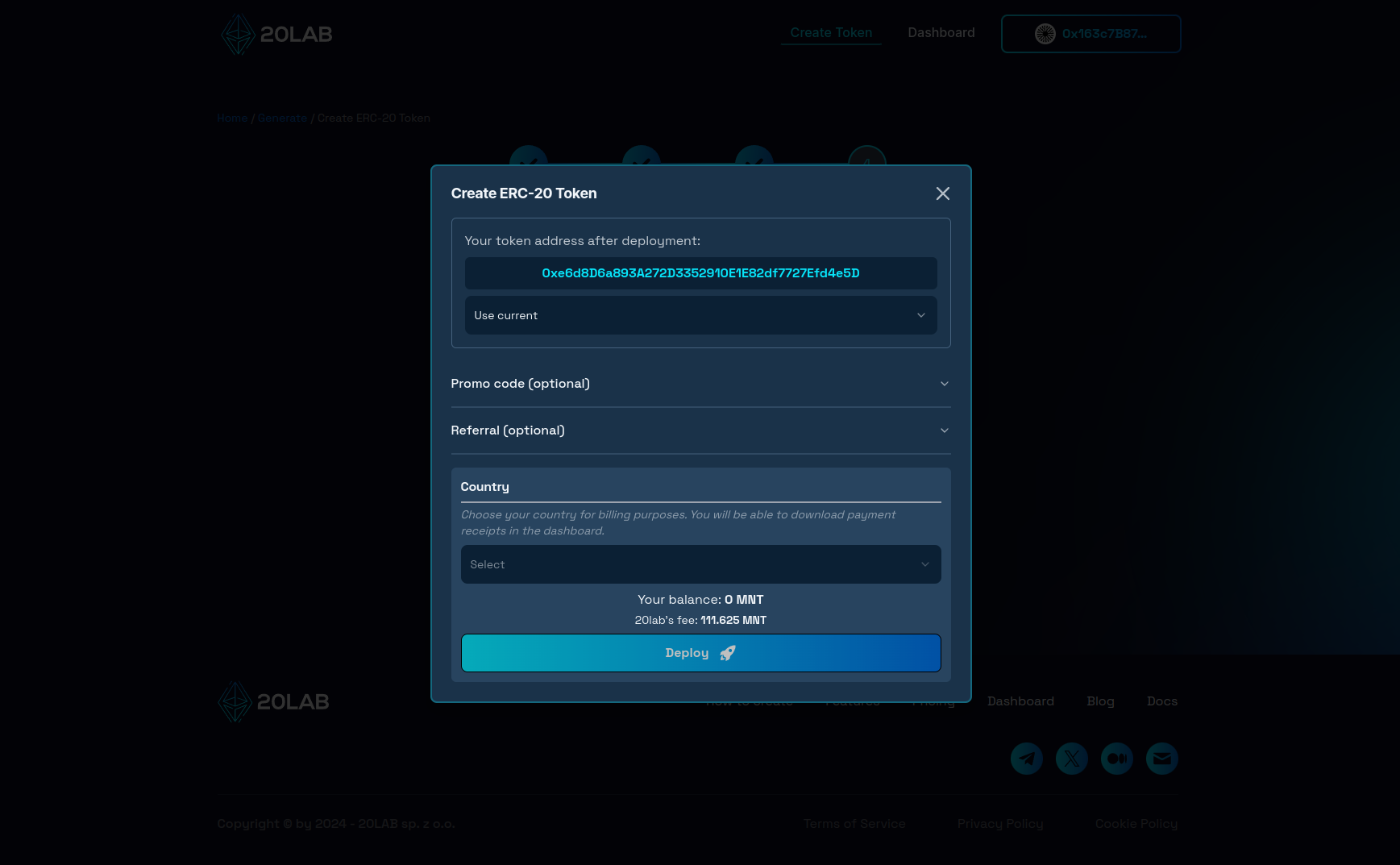 Deployment modal showing final token address
