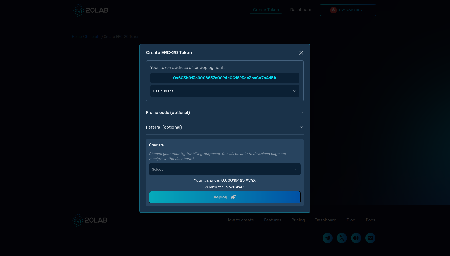 Deployment modal showing final token address