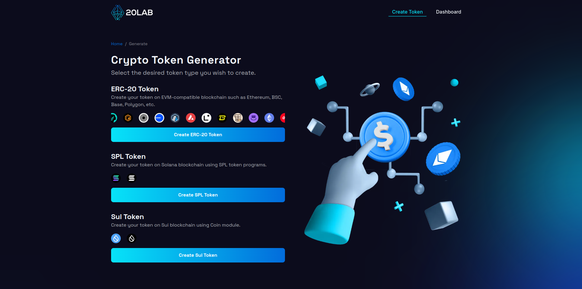 Choosing ERC-20, SPL or Sui token type on 20lab