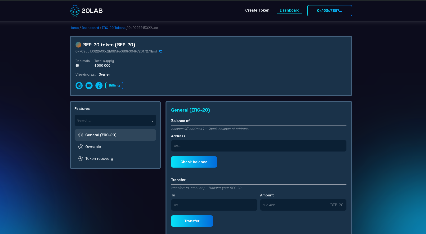 Dashboard view of recently deployed token