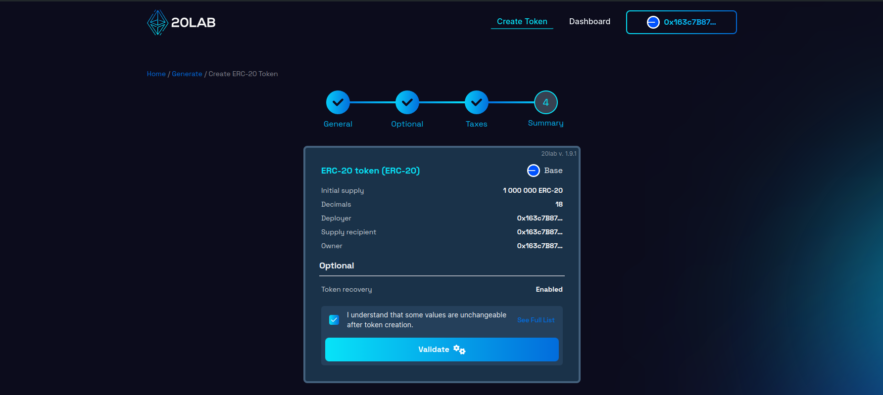 Summary page with all selected features and provided values