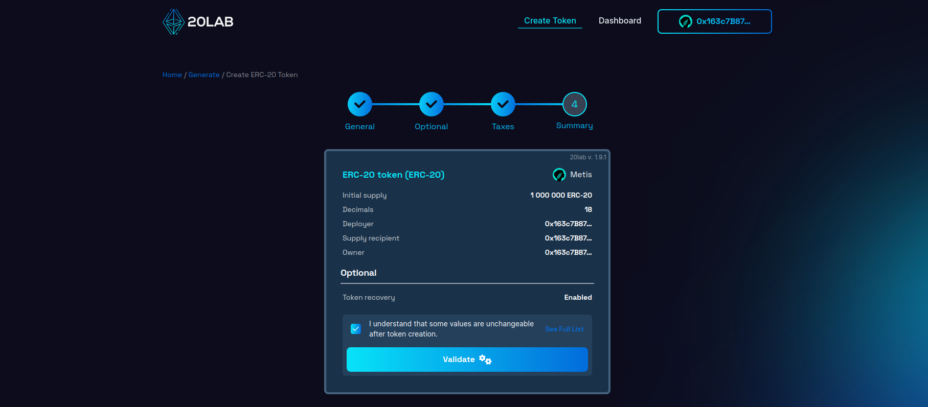 Summary page with all selected features and provided values