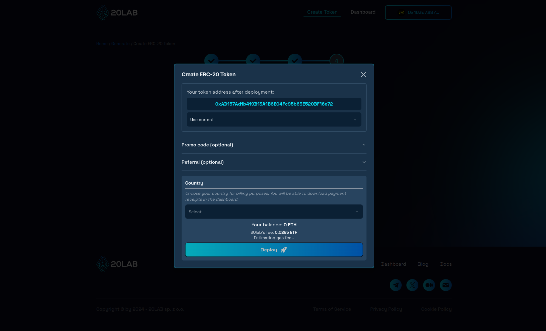 Deployment modal showing final token address