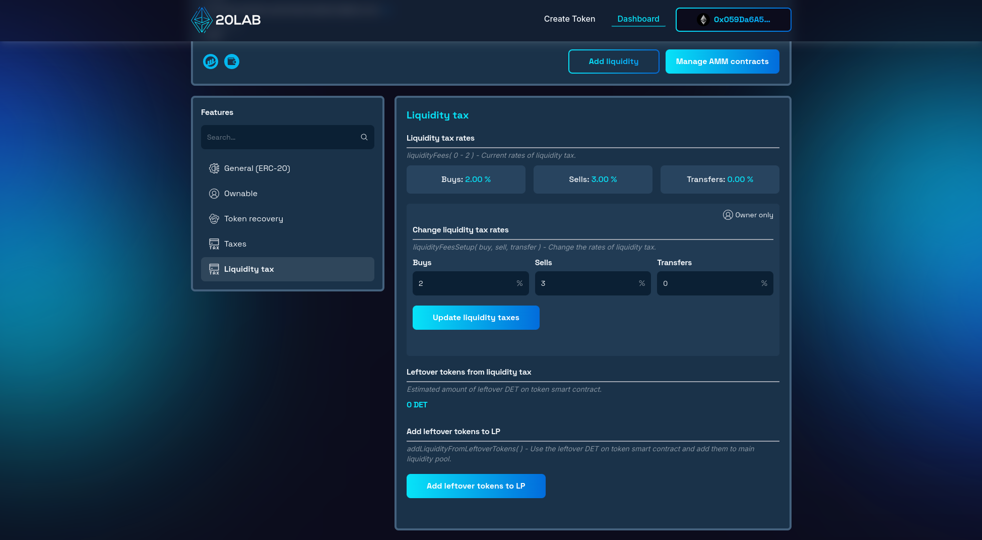 Liquidity tax section of dashboard