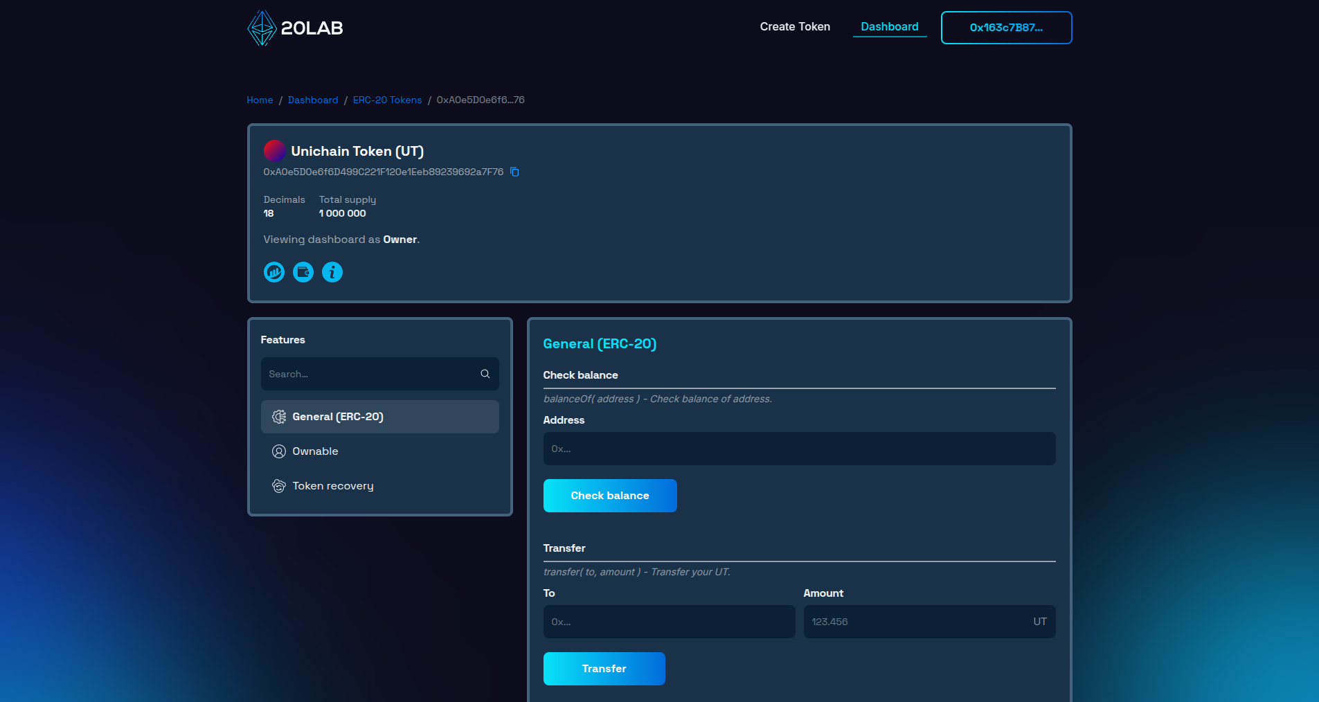 Dashboard view of recently deployed token