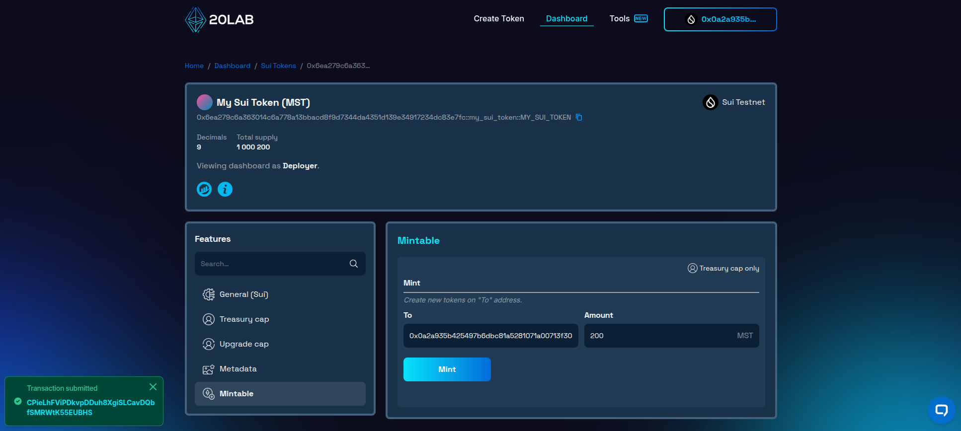 Mint transaction confirmation with total supply updated