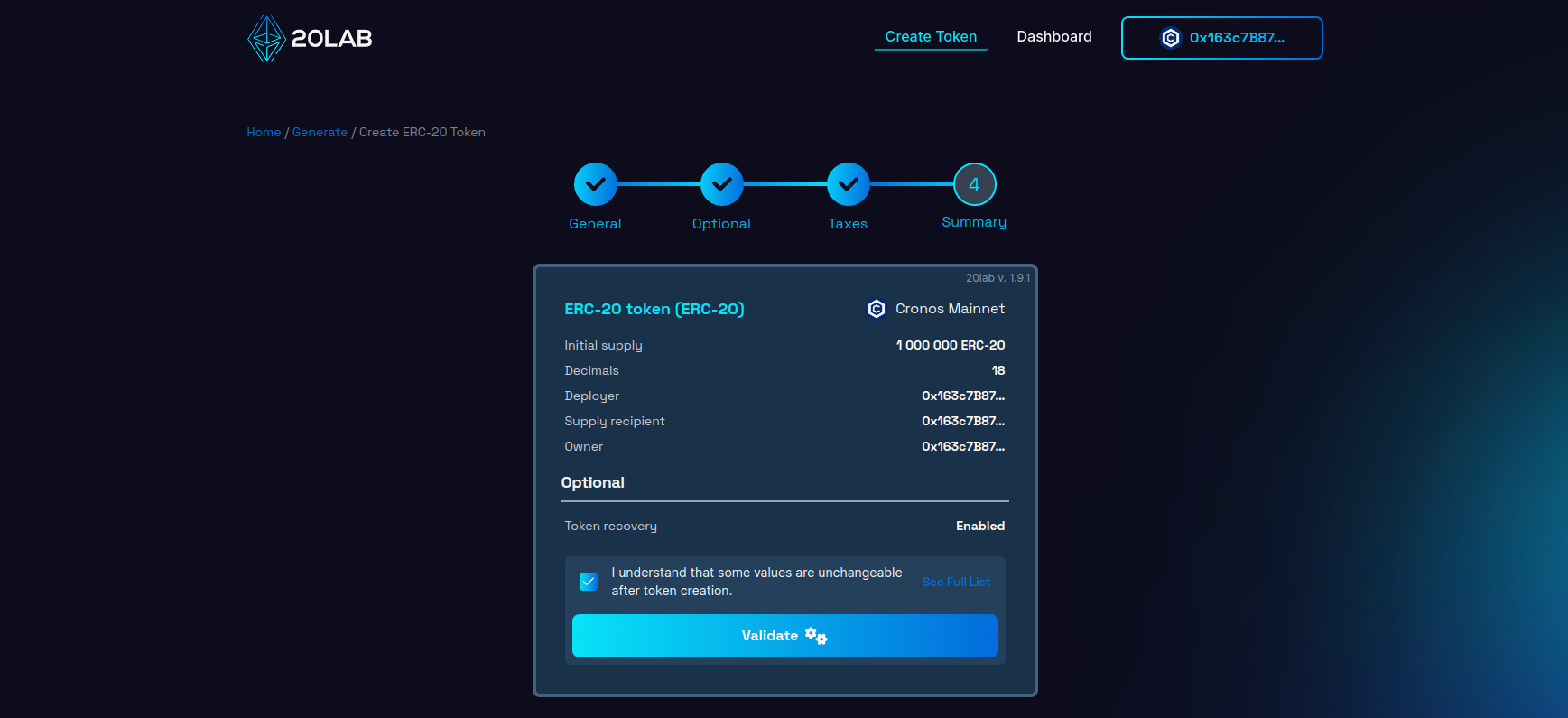 Summary page with all selected features and provided values