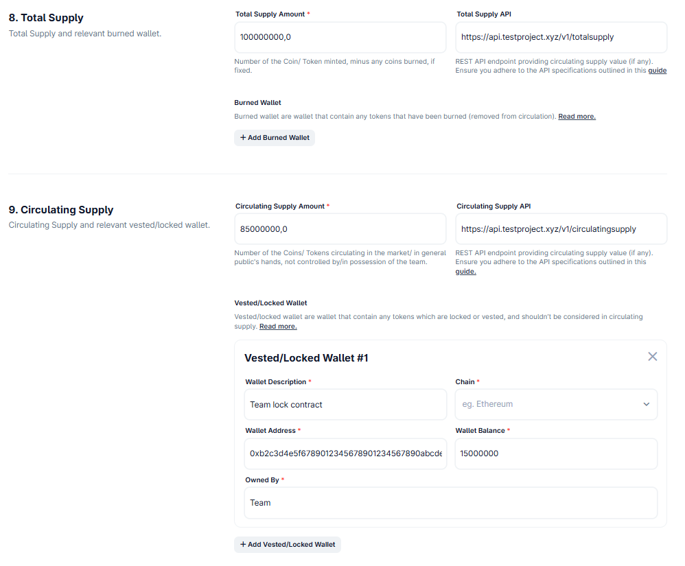 Fragment of CoinGecko application form with sections for total supply and circulating supply information, including API endpoints, burned wallet details, and vested/locked wallet configuration fields.