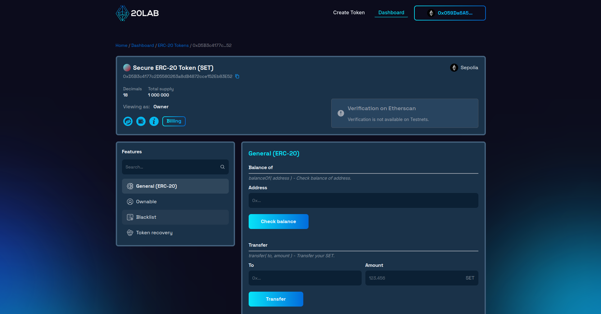 Dashboard panel for created ERC-20 token