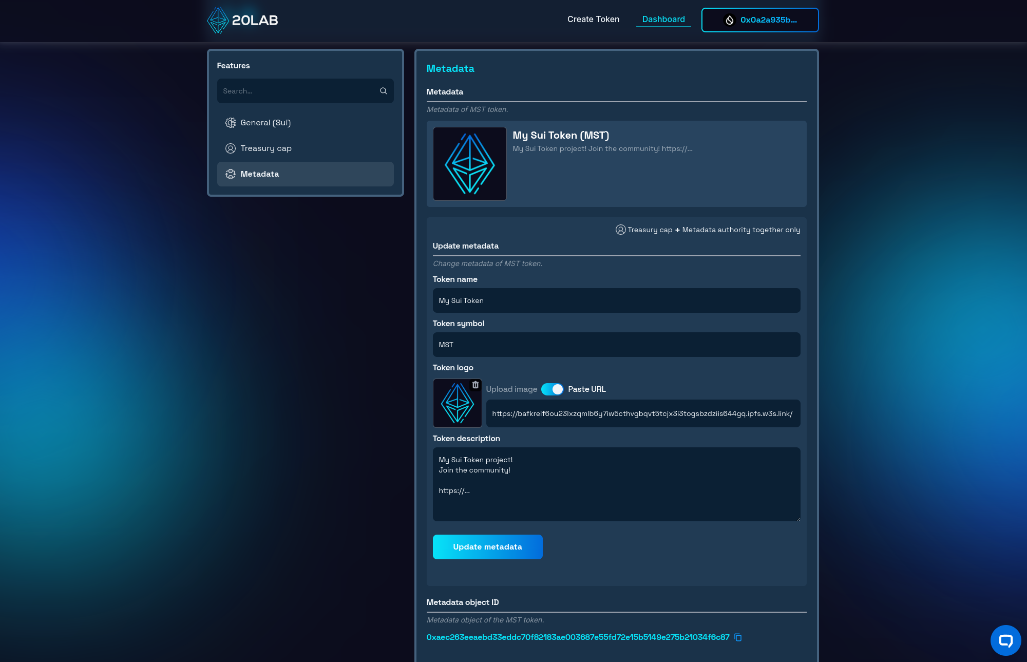 Metadata section of the dashboard