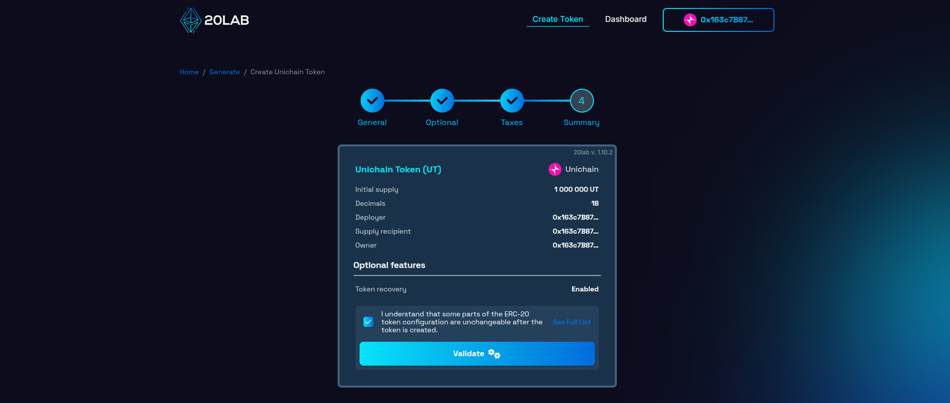 Summary page with all selected features and provided values