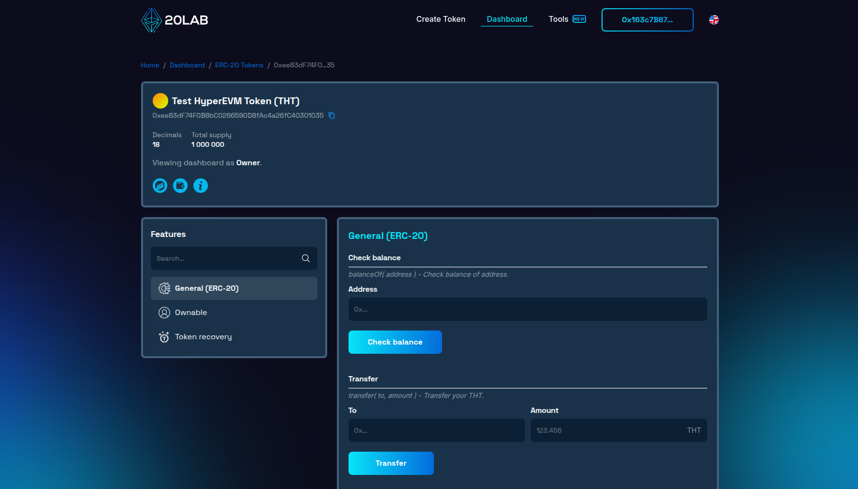 Dashboard view of recently deployed token