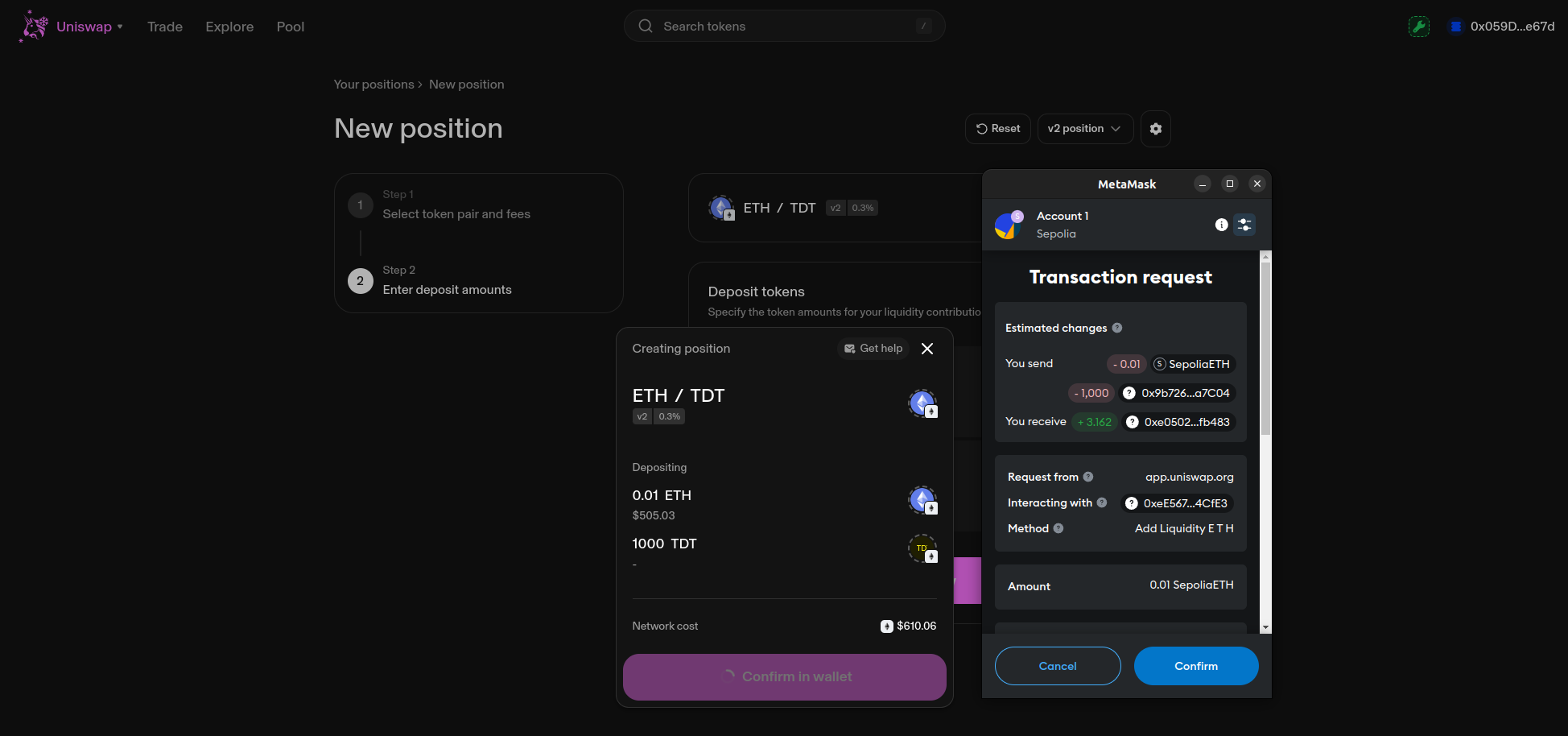 Wallet confirmation for adding liquidity